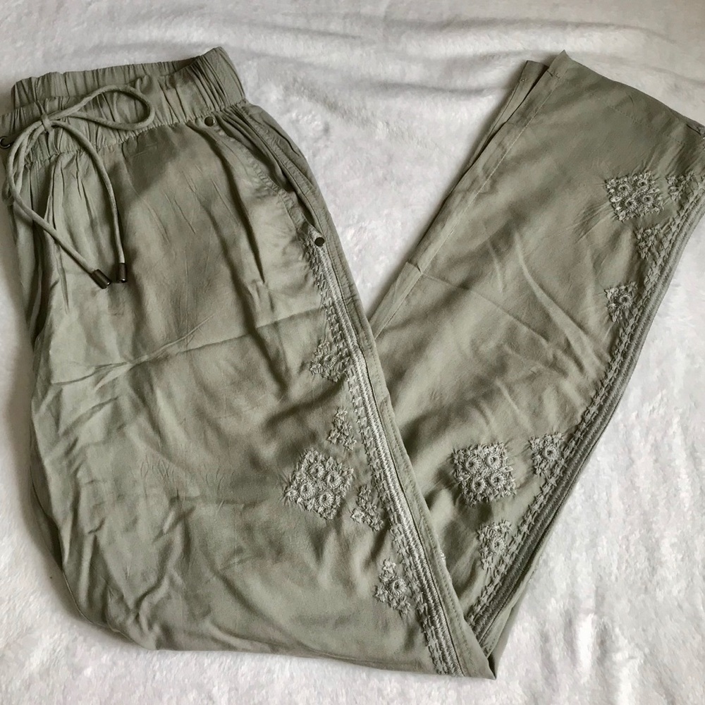 Sage Green Embroidered drawstring rayon pants